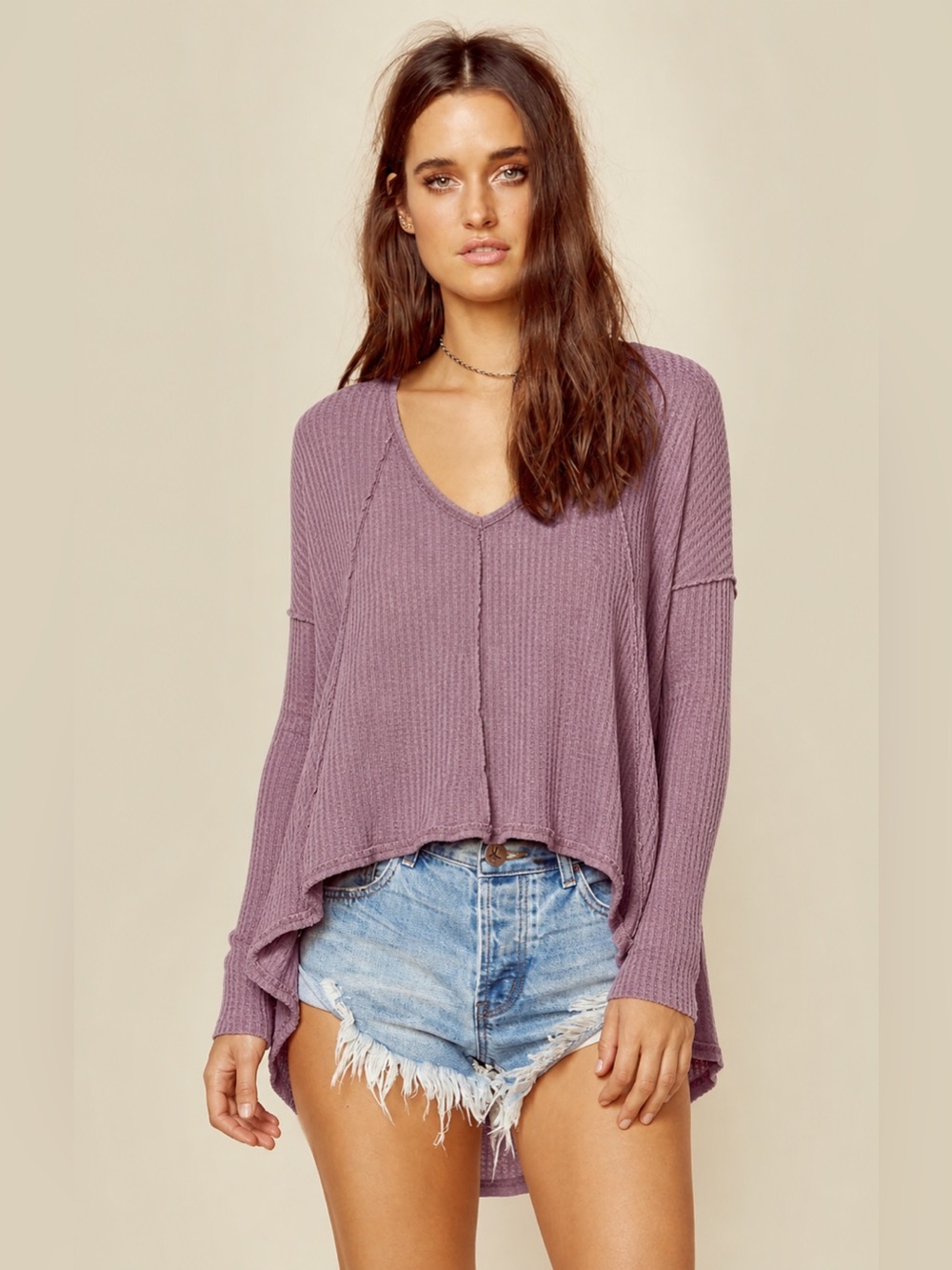 Altar'd State V-Neck Long-Sleeve Shirt Oversized Extra Small waffle knit